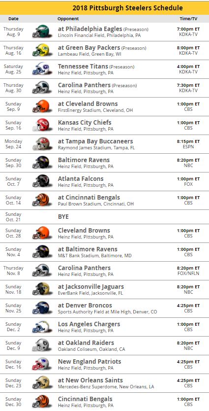 Steelers schedule for 2018 - DavidKeys.com